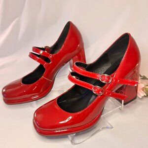 Mary Janes, Vintage Style, Red, Patent Leather, Double Buckle, Chunky Heels
